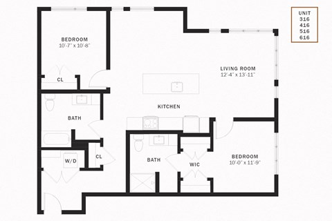 Floor plan for 2 beds, 2 baths, 1229 sqft